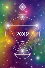 Astrological New Year 2019 Greeting Card or Calendar Cover on Cosmic Background.