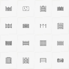 Fences And Wickets line icon set with fence, gate and wicket