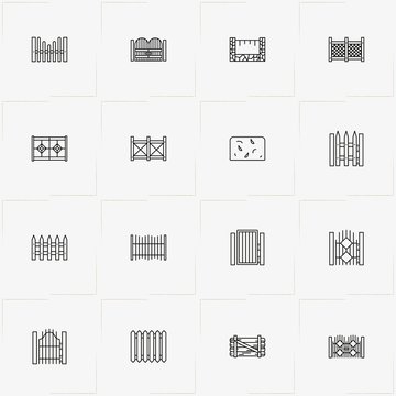 Fences And Wickets line icon set with wicket, fence and gate