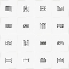 Fences And Wickets line icon set with fence, gate and wicket