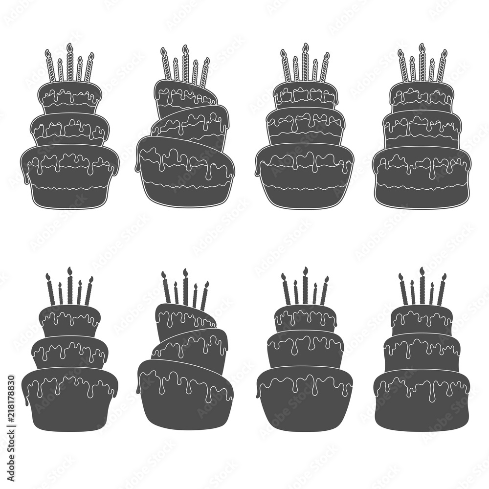 Poster black and white set of illustrations with a birthday cake. isolated vector objects on white backgrou