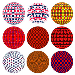 A set of spheres with squares, circles, stripes, hearts