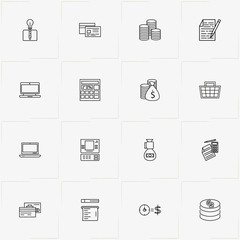 Finance line icon set with cash dispenser machine, time money and notices