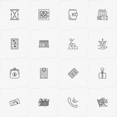 Finance line icon set with phone, coins and bank employee
