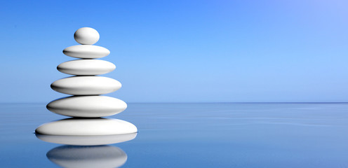 Zen stones stack on water, blue sky background. 3d illustration