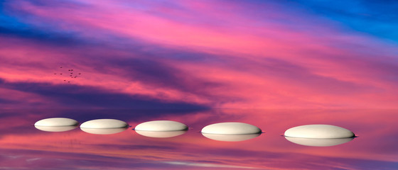 Pierres de gué zen sur l& 39 eau, ciel sur fond de coucher de soleil. illustration 3D