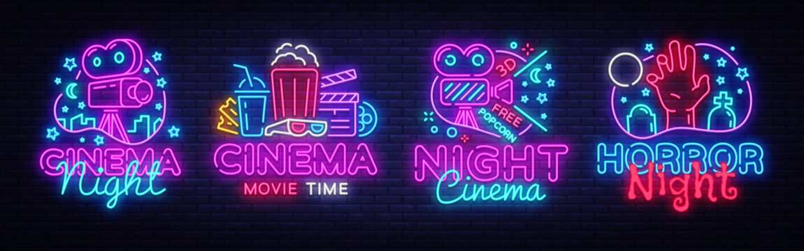 Cinema night set neon sing, label and logo. Cinema banner Design template, logo, emblem and label. Bright signboard, nightly bright advertising. Movie logo. Vector illustration