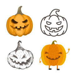 Set of Halloween pumpkins. Jack-o-lantern illustrations in different style.