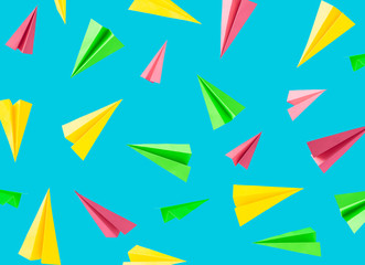 Colorful background pattern made with paper airplanes on sky blue background. Minimal back to school concept. - 218179822