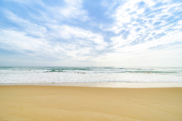 Sea view from tropical beach. Summer paradise beach of island with clouds on horizon. Ocean beach relax, outdoor travel.