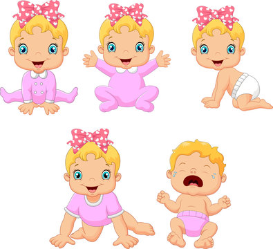 Cartoon little baby girl in different expressions