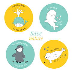 Eco stickers with animals. World ocean problem