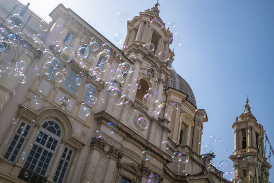 Iridescent soap bubbles floating in the air