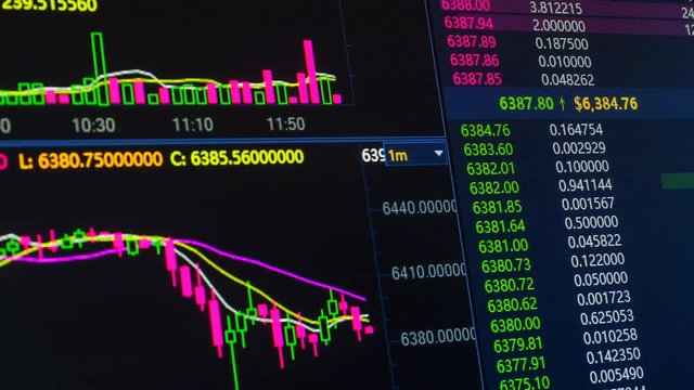 Bitcoin cryptocurrency price chart going up and down on digital market exchange