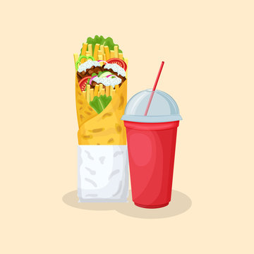 Delicious gyros and soda water in a red cup - cute cartoon colored picture. Graphic design elements for menu, poster, ad. Vector illustration of fast food for bistro, snackbar, cafe or restaurant.