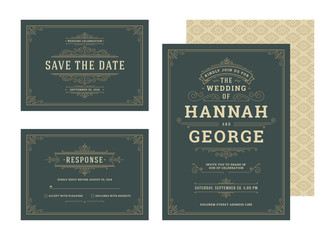 Set wedding invitations flourishes ornaments cards.