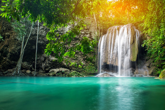 Fototapeta Erawan waterfall in tropical forest, Thailand 