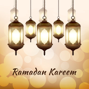 Ramadan Kareem - greeting card with islamic lanterns on golden bokeh background for Muslim Community festival. Bright arabic lamps. Graphic design element for invitation, flyer. Vector illustration.