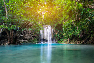 Erawan waterfall in tropical forest, Thailand 