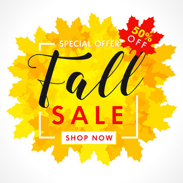 Bright Banner For Fall Sale With Text 50% Off Special Offer In Frame From Yellow Maple Leaves. Autumn Sale Background, Shop Now For Promotion Poster Or Flyer Design. Vector Illustration