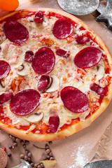 Top view of fresh baked pizza