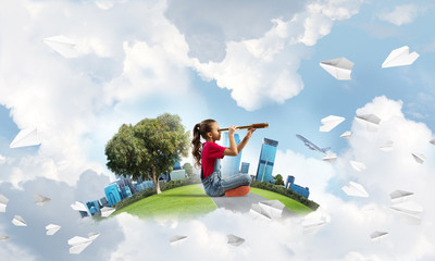 Concept of careless happy childhood with girl looking in future © adam121