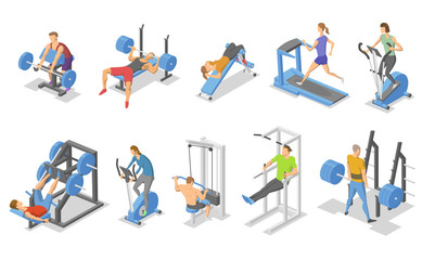 Obraz na płótnie Canvas People and training apparatus in the gym. Isometric set of fitness equipment icons. Flat vector illustration. Isolated on white background.