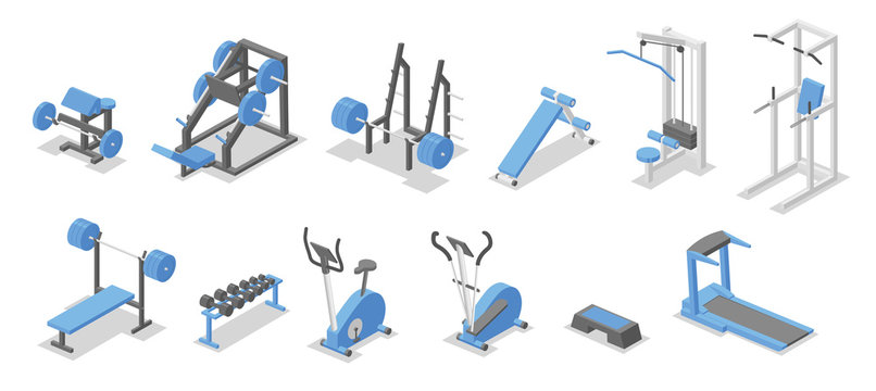 Training apparatus for the gym. Isometric set of fitness equipment symbols. Flat vector illustration. Isolated on white background.