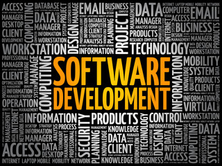 Software development word cloud collage, technology concept background