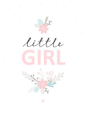 Little Girl, Cute Baby Shower Vector Illustration. White Background, Pink Flowers,Heart and Dots. Hand Drawn Delicate Design.