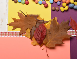 Brown, red, orange leaves and colorful dragee, top view.