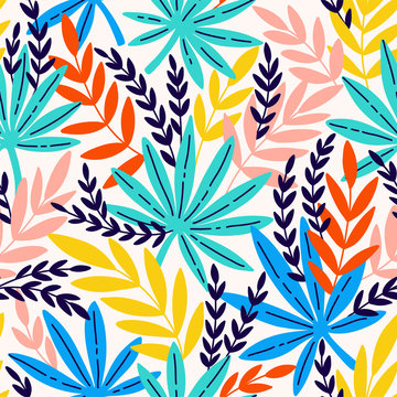 Seamless pattern with exotic leaves. Tropical leaves of palm tree.