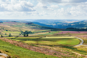 View from Stanage edge, fields and pasture,. Peak District National Park, Derbyshire, England , selective focus