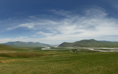  view of grassland and river in the steppe  of Mongolia 