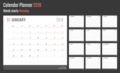 calendar for 2019 starts monday, vector calendar design 2019 year