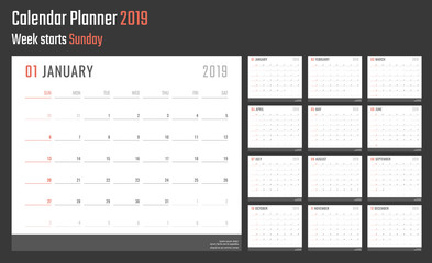 calendar for 2019 starts sunday, vector calendar design 2019 year