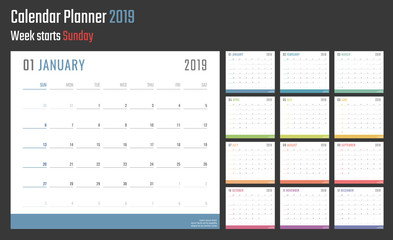 2019 year calendar, calendar design for 2019 starts sunday