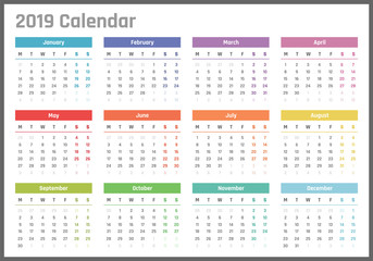 2019 year calendar, calendar design for 2019 starts monday