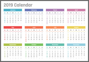 2019 year calendar, calendar design for 2019 starts sunday