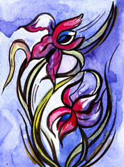 Abstract watercolor iris with black outline. Illustration © Julia Poleeva