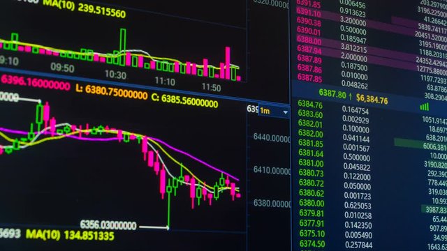 Bitcoin cryptocurrency price chart going up and down on digital market exchange