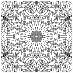 seamless pattern. Outline hand drawing. Good for coloring page for the adult coloring book. Stock vector illustration.Abstract vector decorative ethnic mandala black and white