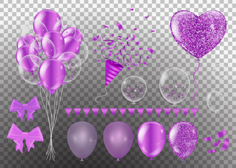 Confetti and set purple ribbons. illustration bunch of Birthday transparent Balloon isolated. Party decorations for Wedding, anniversary, celebration, event design.