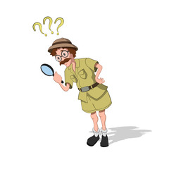 Professor with loupe in cartoon style. Image of finder in isometric view. Drawing of jungle researcher