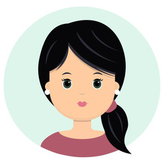 Beautiful young woman with black hair in a bun. Portrait of modern fashion, hairstyle salon, vector icon, isolated on white background.