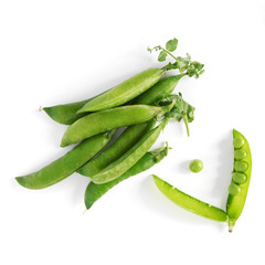 Pattern of fresh green peas isolated on white background, top view, flat lay
