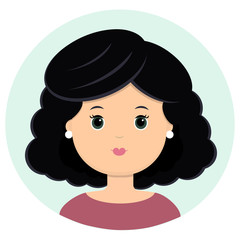 Beautiful young woman with black curly hair. Portrait of modern fashion, hairstyle salon, vector icon, isolated on white background.