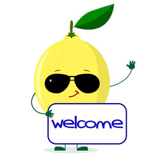 Cute lemon character in sunglasses keeps the signboard welcome.