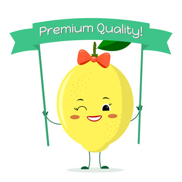 Cute lemon cartoon character with a yellow bow and earrings. Smiles and holds a premium quality poster.