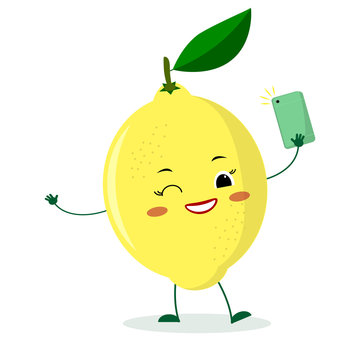 Cute lemon cartoon character with a smartphone and does selfie.